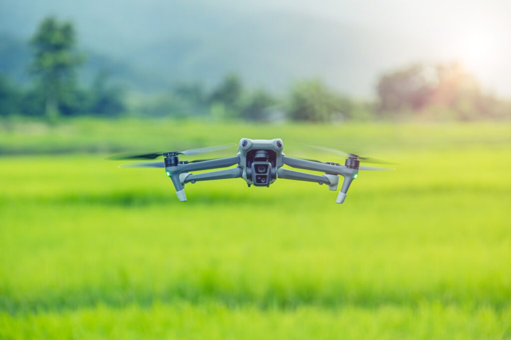 agriculture drone on green rice field. Survey mapping land field